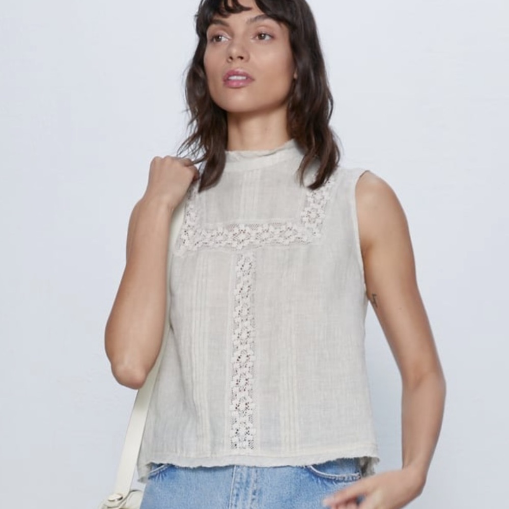 Zara embroidered rustic xs beige top NWT